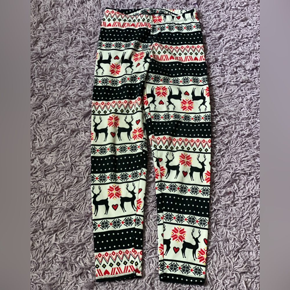 Festive Winter Deer Patterned Fleece Lined Leggings girls 8-10